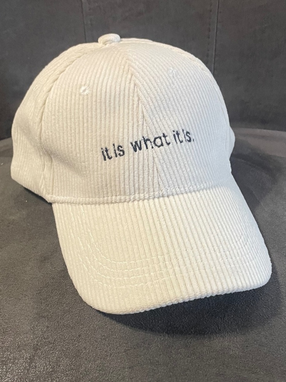 "it is what it is." Madison Corduroy Adjustable Baseball Cap - Beige/Black